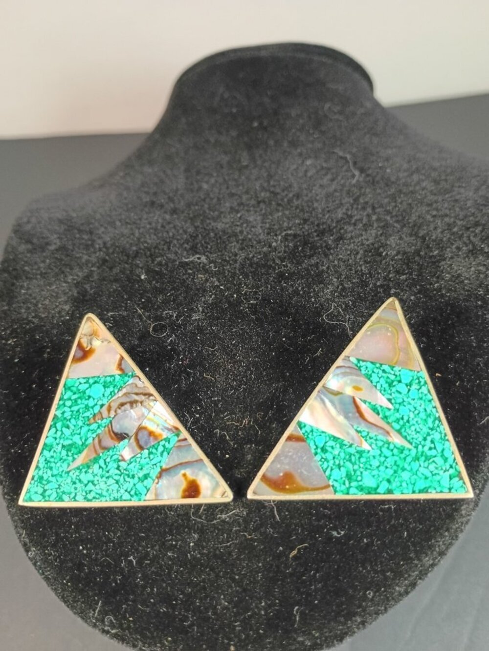 Vintage Navajo Sterling Alpaca Mexico Crushed Turquoise Abalone Inlay Earrings